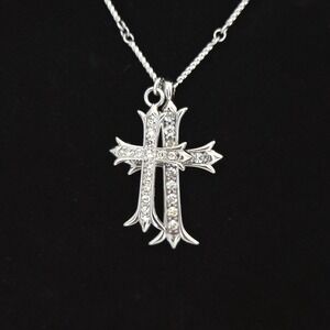 Beautiful Double Cross‎ Reversible Chrome Rhinestone Necklace Chain Pendant
